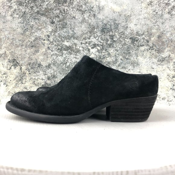 Born Women's 6M Shaya Black Distressed Leather Almond Toe Slip On Heeled Mules - Picture 3 of 13